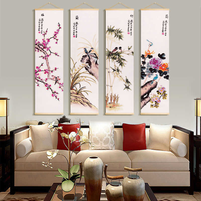 Rotolo di bambù in stile cinese Pittura murale Soggiorno vintage Poster decorativo Home Office Decalcomanie Immagine di arte della parete Arazzo L230704