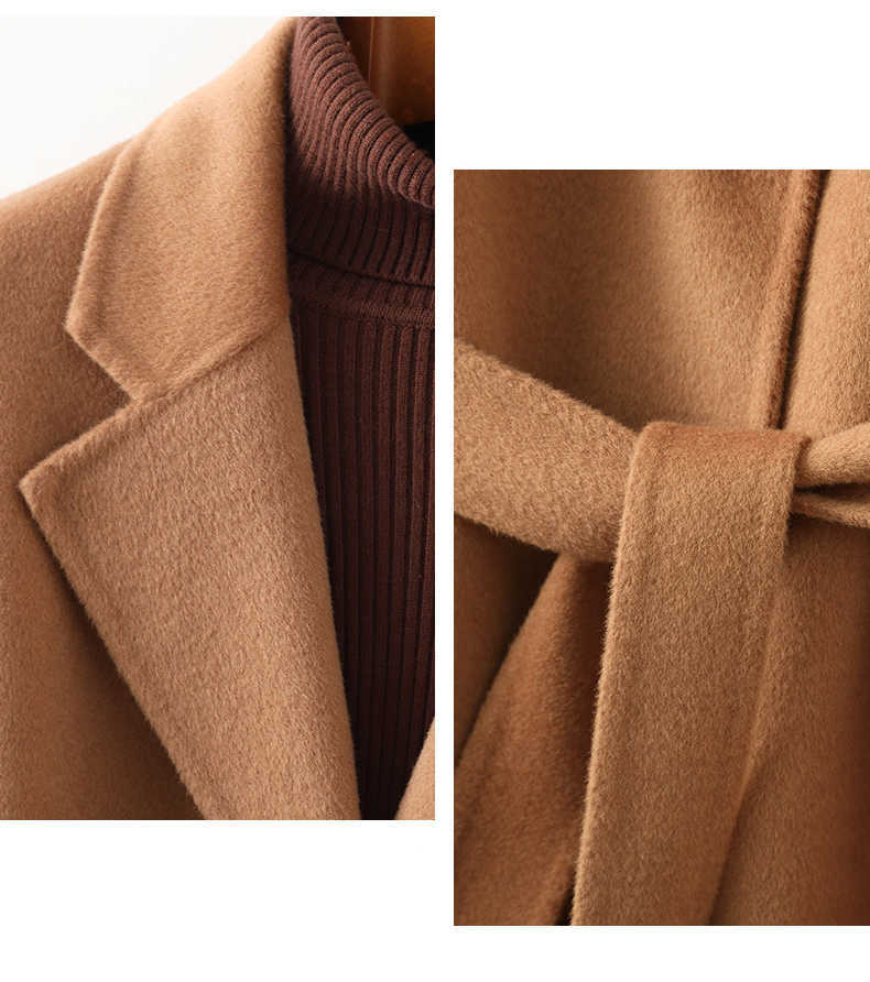 Women's Wool Blends Autumn 100% Wool Coats Women Turn Down Collar Midi Length Coats Women Woolen Coat With Belt Veste Femme Tops Abrigo Mujer HKD230712