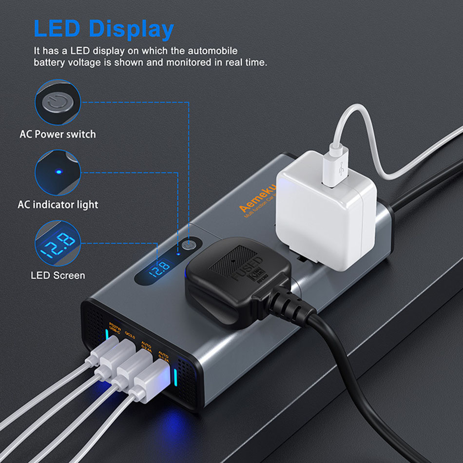 200W CAR HELVERTER DC 12V/24V إلى AC 220V US EU Universal Socket Plug Type C PD USB3.0