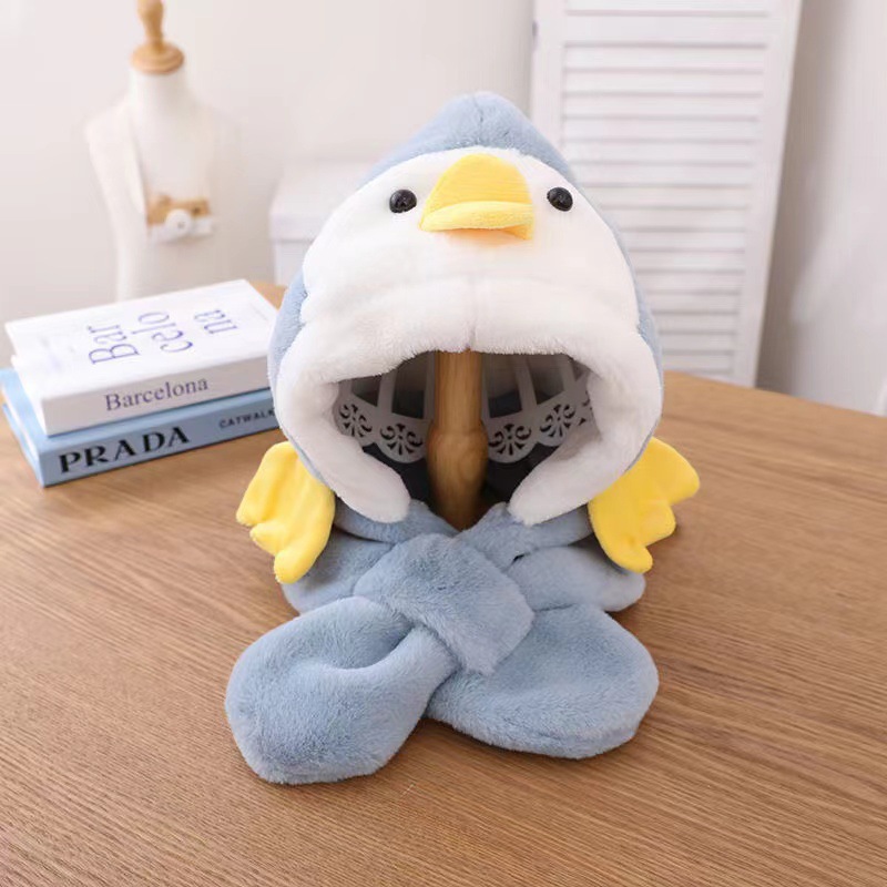 Conjunto de cachecol de chapéu infantil de inverno com duas peças para meninos e meninas, pinguim de desenho animado, gorro de pelúcia de patinho amarelo