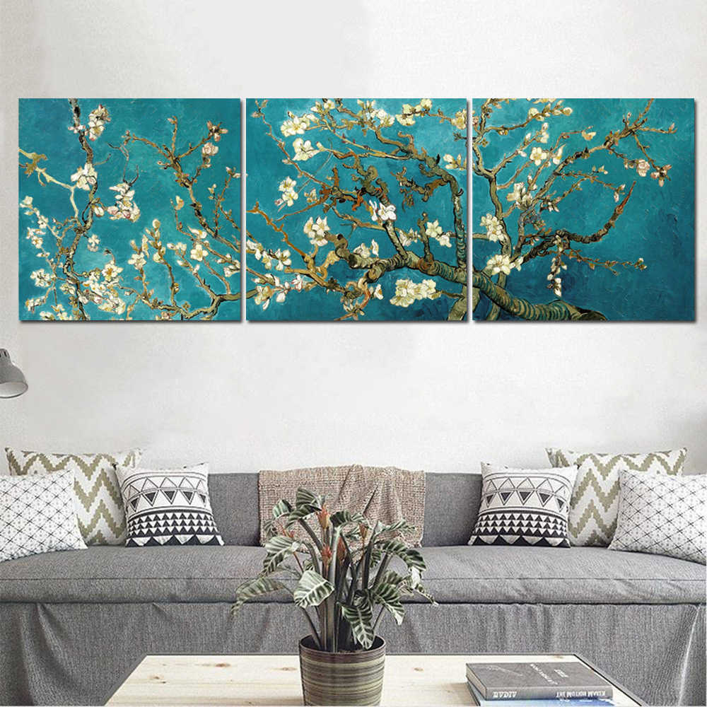 Van Gogh 3 Panels Almond Blossom Canvas Wall Art Prints Famous Flower Oil Painting On Poster Pictures For Living Room Decoration L230704