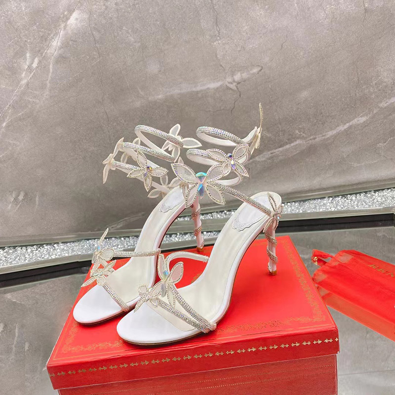 Markowe szpilki Margot kryształowe sandały damskie buty na wysokim obcasie BUTTERFLOWER Sandały na szpilce Seksowne sandały na kostce w kształcie węża Designerskie klapki wizytowe sandały rc
