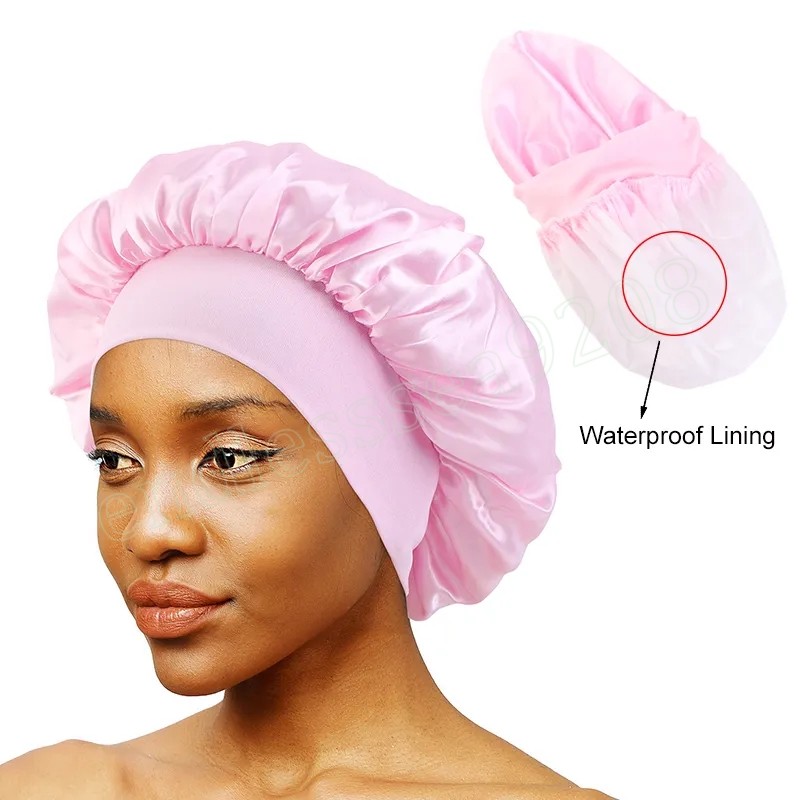 Tapa de ducha con banda ancha de satén Resuable Tapa de baño ajustable de doble capa para mujeres trenzas para niñas Spa Long Hair Gor