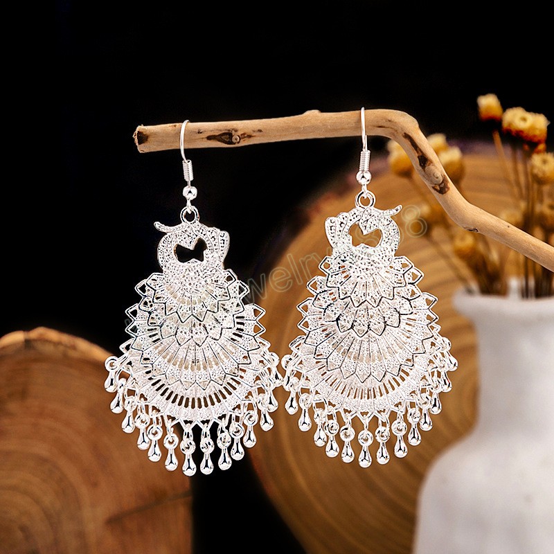 Orecchini di pavone le donne New Ethnic Silver Color Indian Jhumka Orecchini Pendientes Boho Bell Nappa Vintage Brincos Jewelry