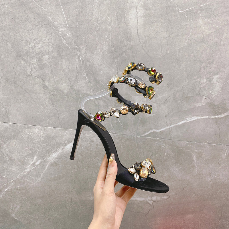 Projektant slajdy Roxanne sandały obcasy damskie japonki wysokiej jakości kryształowe buty sukienka szpilki na imprezę luksusowe rc sandały damskie buty w kształcie węża seksowne sandały na kostce