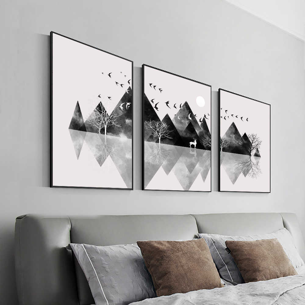 3 stks Set Canvas Schilderij Abstracte Moderne Black Mountain Wall Art Prints En Posters Voor Woonkamer Woondecoratie L230704