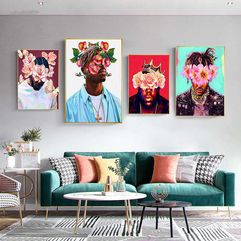 Retrato de estrella de raperos famosos y pintura en lienzo de flores cantantes de Hip Hop carteles de arte abstracto impresiones Cuadros arte de pared decoración del hogar L230704