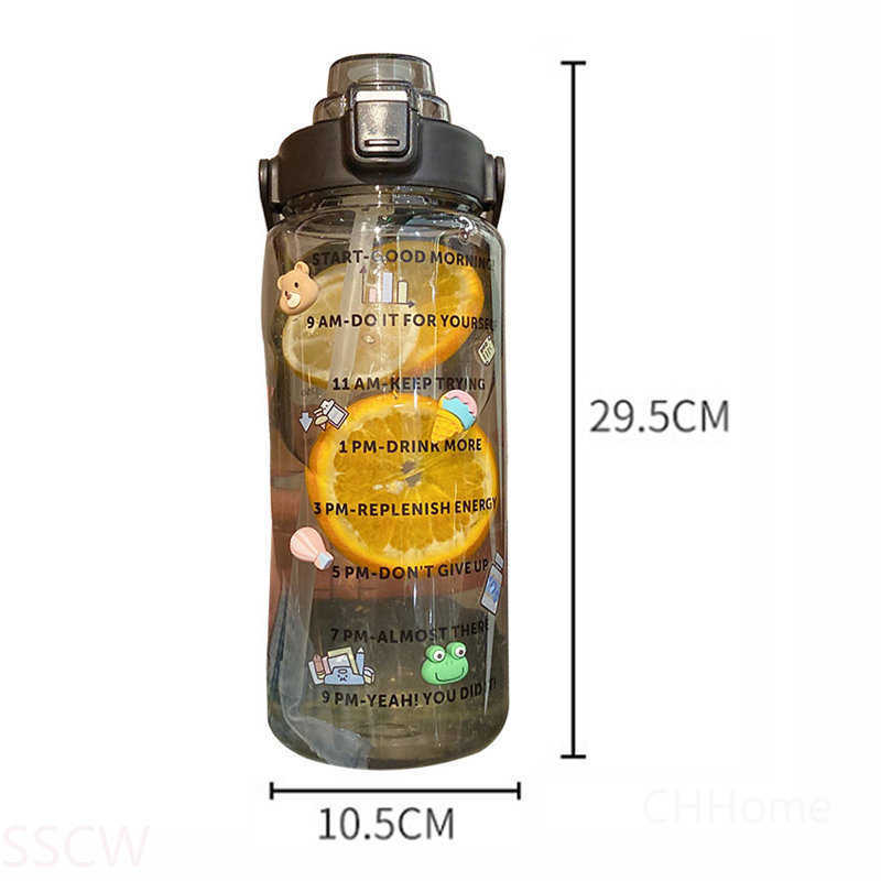 Wasserflasche Kawaii 2 Liter Sport-Motivationswasserflasche mit Strohhalm Zeitmarkierung Plastikbecher Trinkgeschirr Thermoskanne mit großem Fassungsvermögen