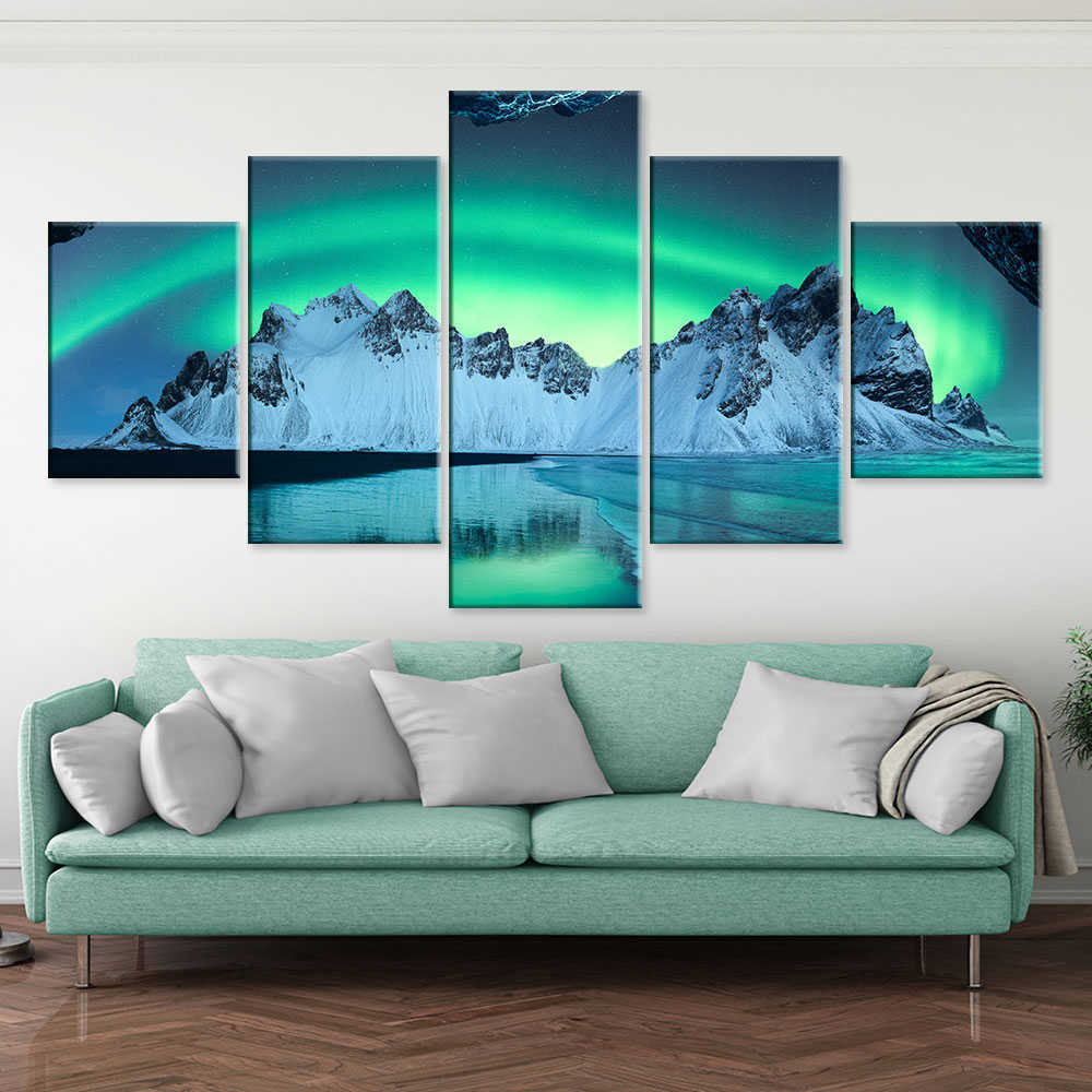 Aurora boreal paisagem 5 painéis pôsteres islândia cura romântica pintura em tela verde arte da parede para 2023 decoração de casa moderna l230704