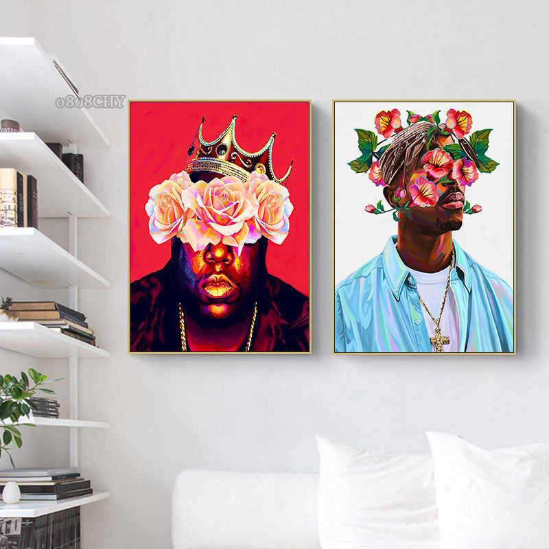 Retrato de estrella de raperos famosos y pintura en lienzo de flores cantantes de Hip Hop carteles de arte abstracto impresiones Cuadros arte de pared decoración del hogar L230704