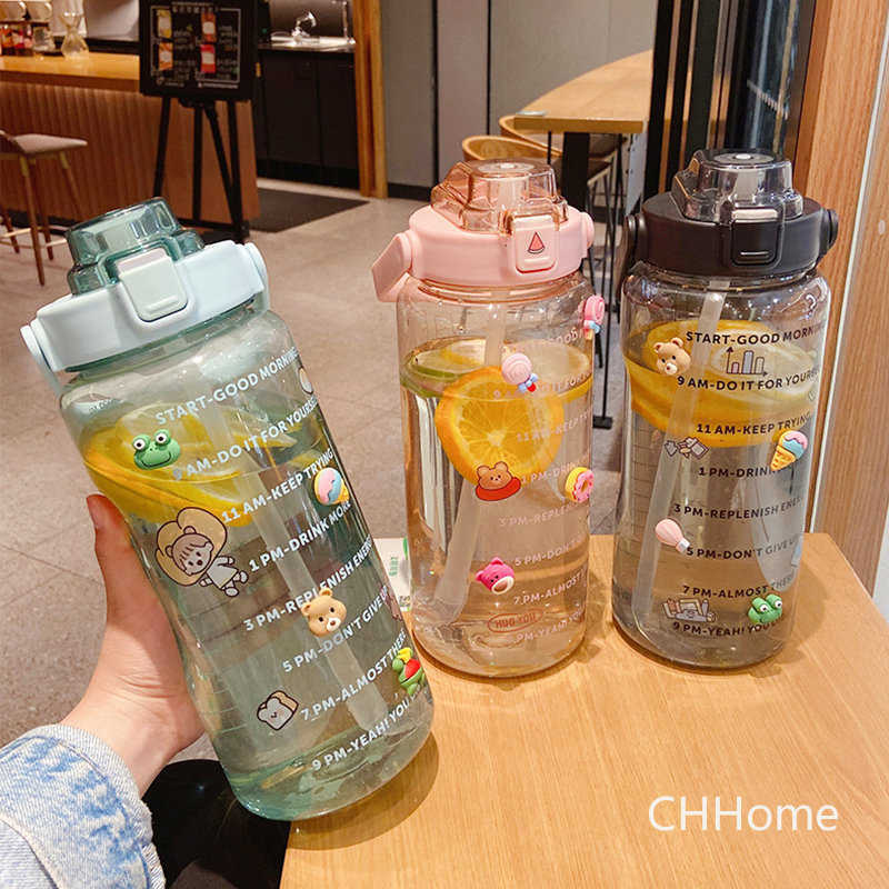 Wasserflasche Kawaii 2 Liter Sport-Motivationswasserflasche mit Strohhalm Zeitmarkierung Plastikbecher Trinkgeschirr Thermoskanne mit großem Fassungsvermögen