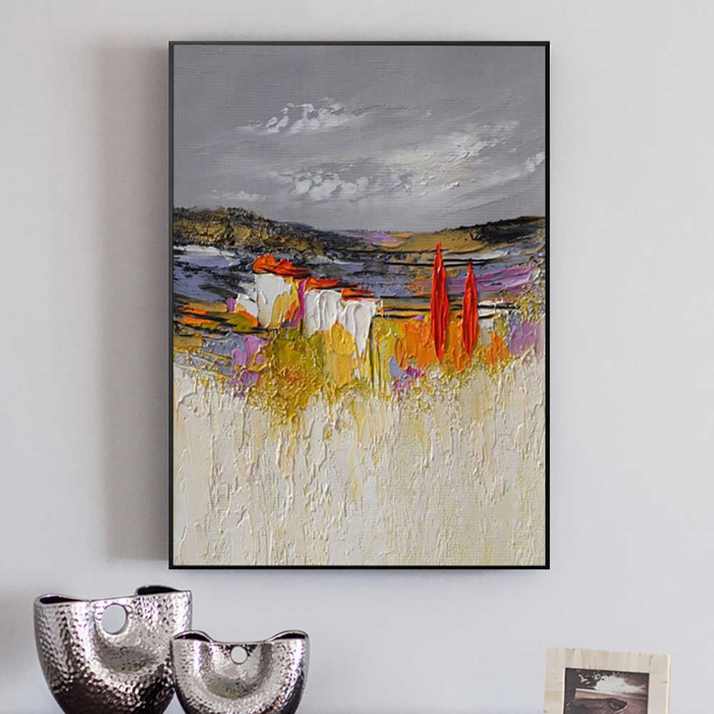 Grijs geel olieverfschilderij op canvas handgemaakte abstracte landschap dikke olie muur kunst hand geschilderd groot formaat decoratie schilderijen L230704