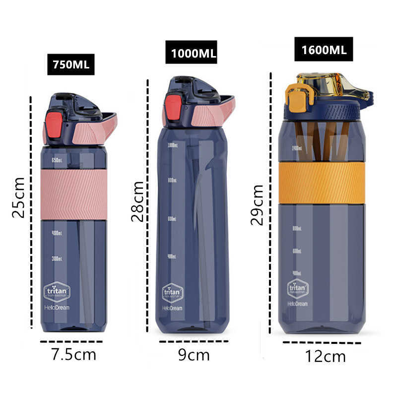 vattenflaska 1600ml/1000ml/750ml högkvalitativt tritanmaterial Vatten med sugrör Utomhusgym Sportshaker dricksflaska BPA-fri