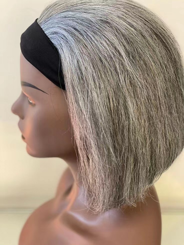 Short human hair bob wig with headband lace gray Salt and pepper natural grey straightstretchy cap with adjustable straps for women