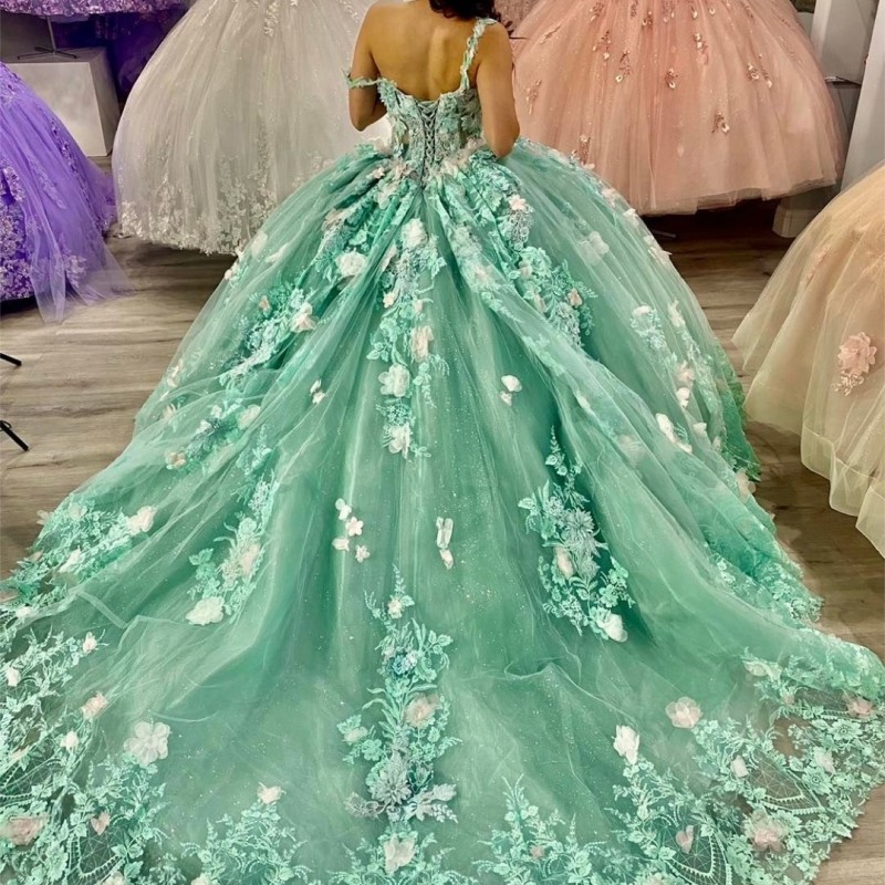 Luksusowe zielone sukienki księżniczki Quinceanera Off ramię świecący 3DFlowers aplikacje kryształowe Vestidos De 15 Anos Prom Party