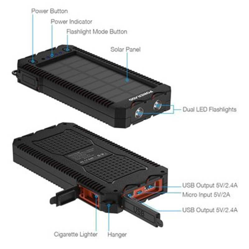 태양 광 발전 은행 휴대용 30000mAh 고용량 휴대용 충전기 2USB 출력 아이폰을위한 야외 외부 배터리 손전등 MI L230712