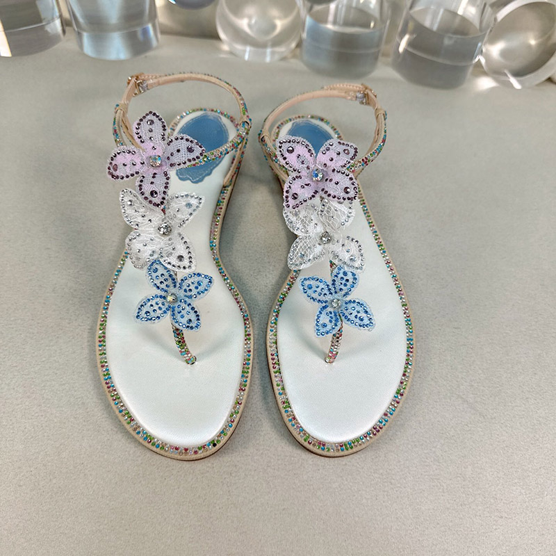 Klapki damskie KORONKOWE SANDAŁY W KWIATY projektant flip flop znane luksusowe sandały na pasku z tyłu damskie buty rc kryształowe sandały damskie obuwie projektanci płaski obcas