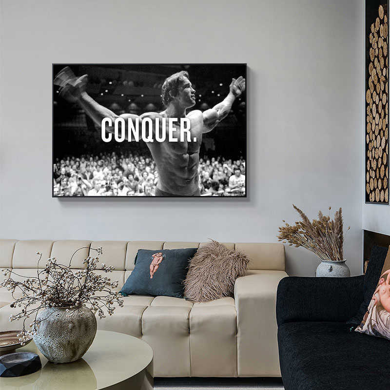 CONQUER Arnold Schwarzenegger Bodybuilding Motiverande citat Konst Poster Print Väggbild Målning för vardagsrum Heminredning L230704