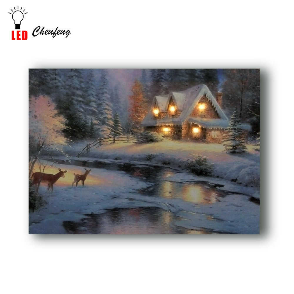 Noel kış kar gece yazlık nehir sanat duvar resim led tuval sanat aydınlatma köy manzarası yağlı boya dekor l230704