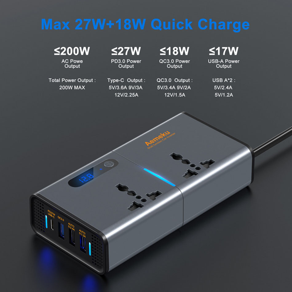 200W 자동차 인버터 DC 12V/24V ~ AC 220V US EU 범용 소켓 플러그 유형 C PD USB3.0 빠른 충전 수정 된 사인 웨이브 전압 인버터