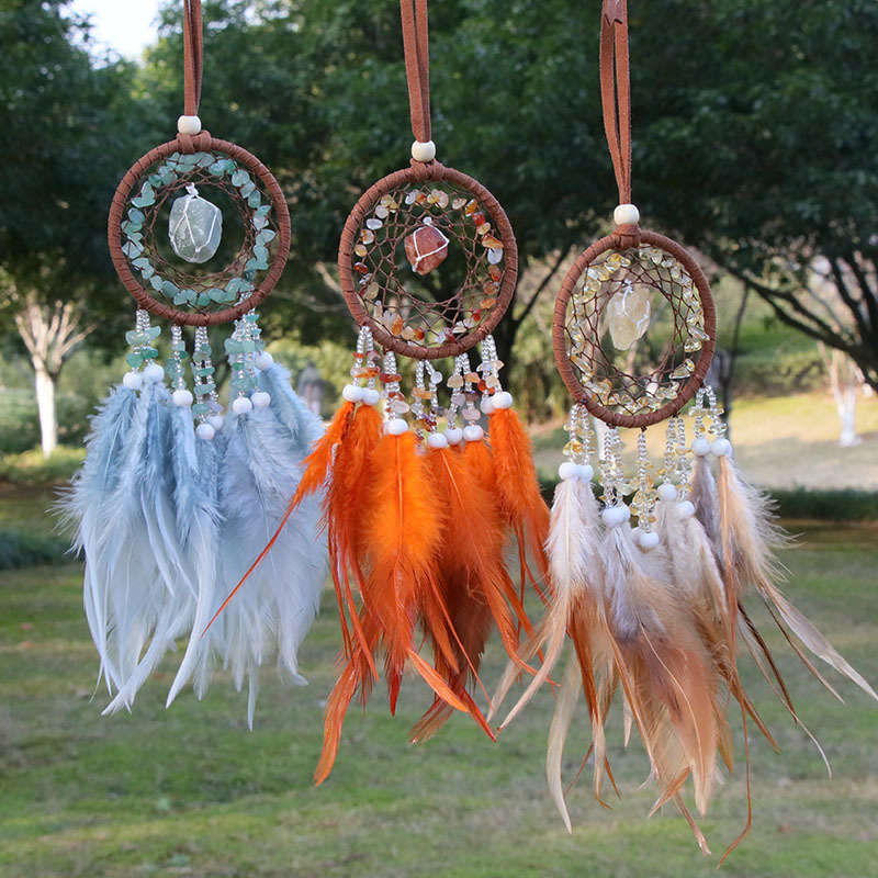 Chip raw Crystal Stone Exquisite Car Interior Decoration Charms Pendant Feather Dream Catcher View Mirror Car Hanging Accessories