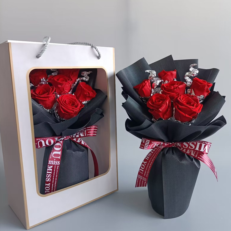 Bouquets de vraies roses naturelles, roses rouges préservées, pour toujours, sac cadeau de noël, de saint-valentin, d'anniversaire