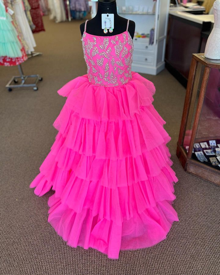 Hot Pink Ballgown Girl Pageant Dress 2024 Crystals Beading Straps Ruffles Tulle Little Kid Birthday Formal Party Gown Infant Toddler Teens Tiny Young Junior Miss