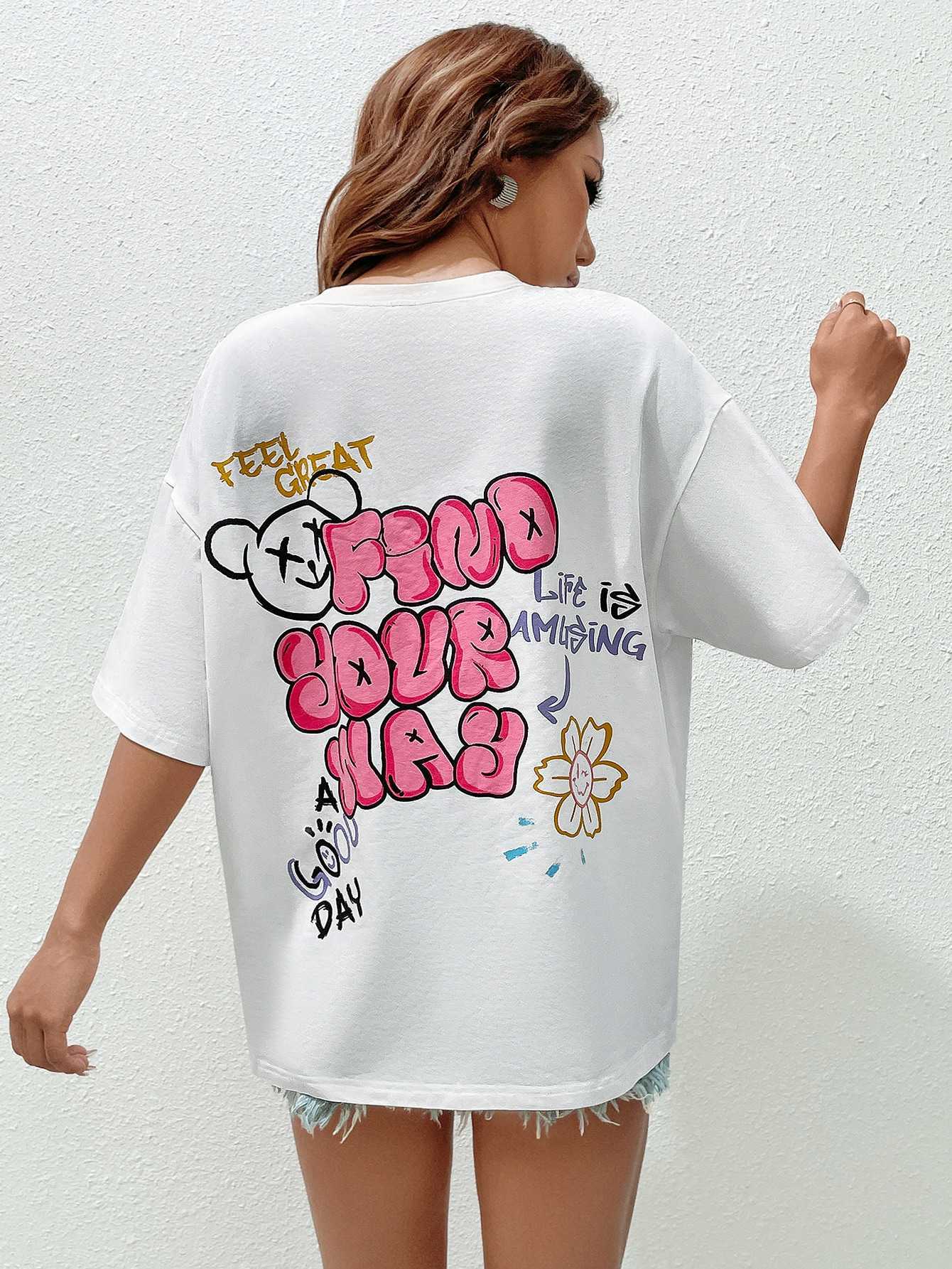 T-shirt Feel Fin Your Way Cute Bear Wzór damski bawełniany miękka ulica sportowy krótki rękaw