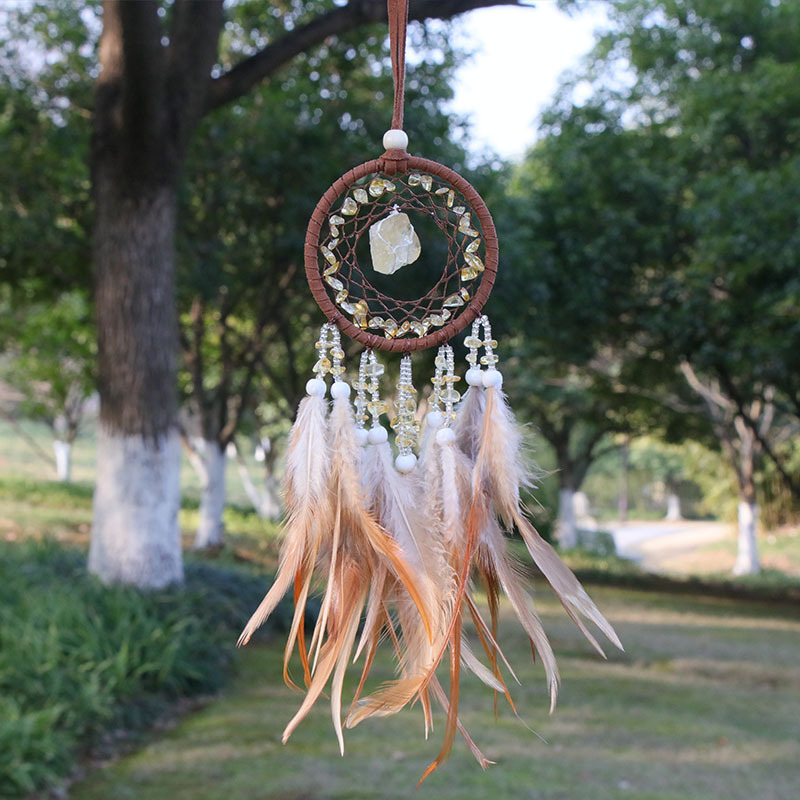 Chip raw Crystal Stone Exquisite Car Interior Decoration Charms Pendant Feather Dream Catcher View Mirror Car Hanging Accessories