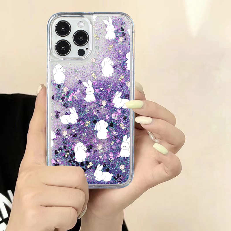 Konijn Drijfzand Zachte TPU-hoesjes voor Iphone 15 14 Pro MAX 13 12 11 XR XS X 8 7 6 Plus Mode Bloem Hart Liefde Vloeibare Bling Glitter Drijvende Mobiele Telefoon Achterkant Skin Cover