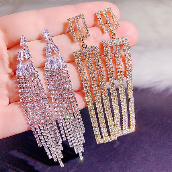 Lange Tassel Dangles Luxe zirkoon kwast oorbellen Diamond Dress Bruiloft Accessoires Oorbellen Drop oorbellen studs Sieraden