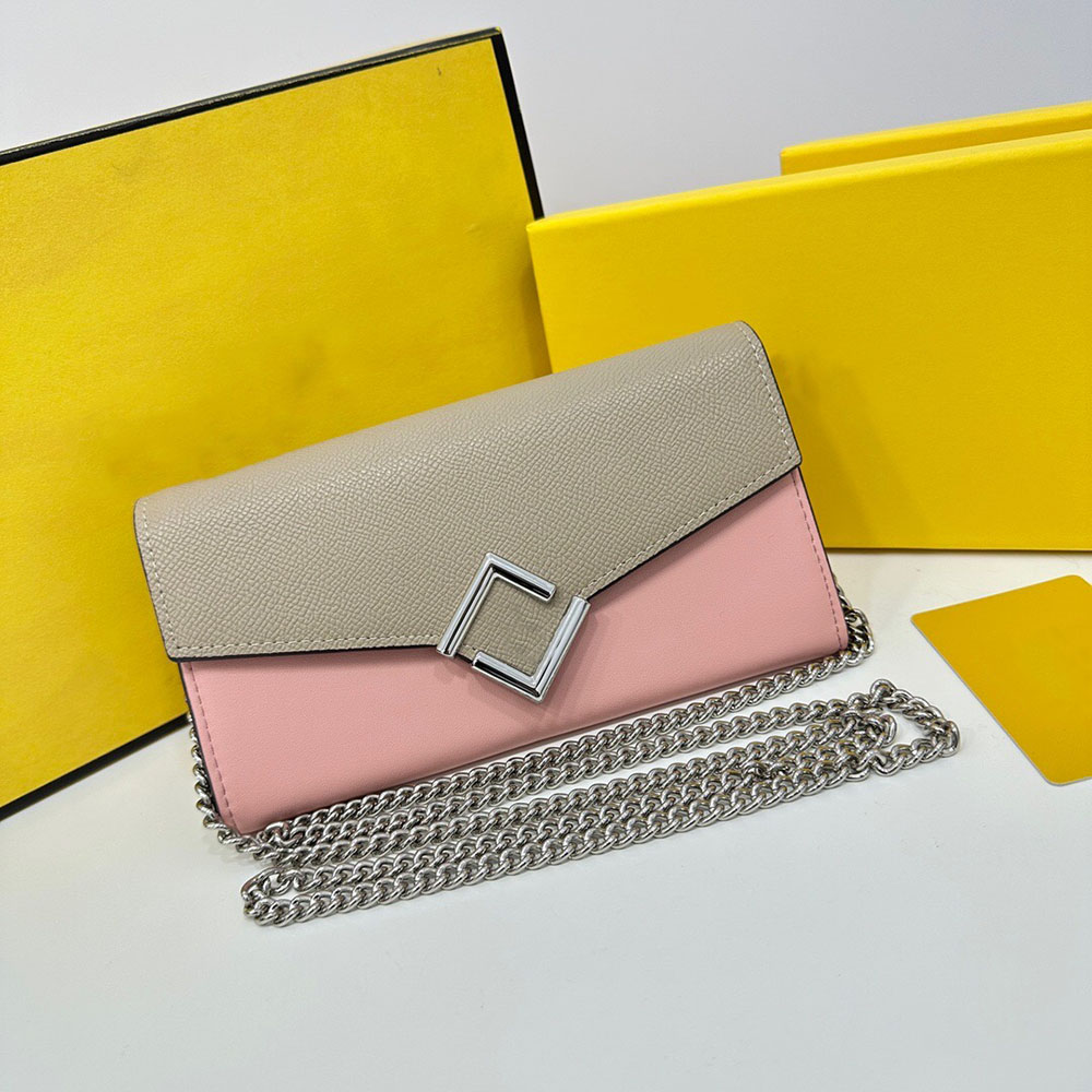 2023 Gray Pink Black Cowhide Flap Women's Wallet Rectangular utseende Flap Design Metallkedja axelrem Högkvalitativ märke Fashion Cute Personality Style