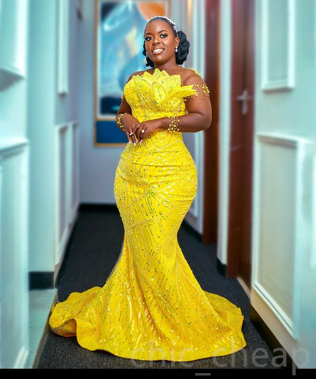 2023 ASO EBI MERMID Yellow Prom Sukienka cekinowa Koronkowa seksowna wieczór Formalne przyjęcie Drugi przyjęcie urodzinowe suknie zaręczynowe sukienki szata de soiree ZJ733