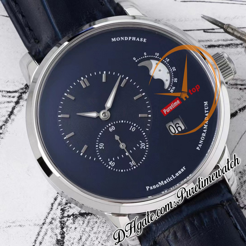 AIF Panomaticlunar Moonphase A93-02 Otomatik Erkekler İzle Çelik Kılıf Mavi Kılıf Siyah Deri Kayış Süper Versiyon Baskı Herrenenuhr Reloj hombre Puretime C3