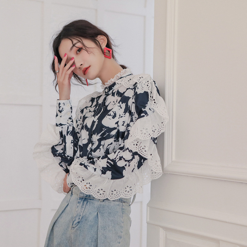 Women's stand collar lace patched batwing sleeve loose print flower blouse shirt SML