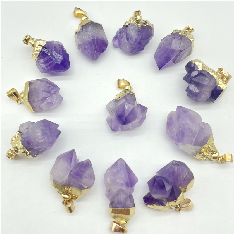 Gold Silver Covered Raw Amethyst Pendant Natural Gem Stone Quartz Crystal Mineral Oregelbundna charm för DIY -smycken som tillverkar halsband