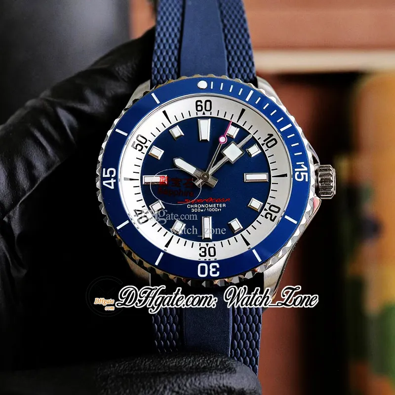 Neue Dive Superocean 44 A17376211L2S1 Automatik-Herrenuhr, himmelblaues Zifferblatt, weiße innere Keramiklünette, Stahlgehäuse, Kautschukarmband, Herrenuhren Watchzone C145A8