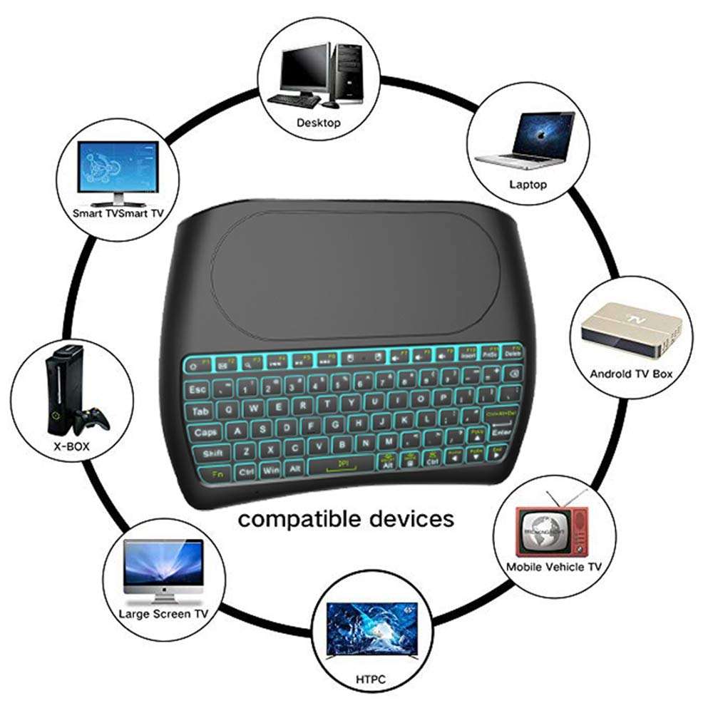 Mini tastiera Wireless 2.4G D8 con Touchpad colorato retroilluminato piccola tastiera remota portatile Wireless codice di apprendimento remoto PC