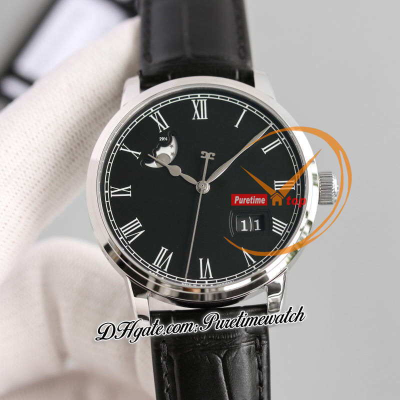 V9F 우수 Panorama Date Moon Phase A100-0 자동 남성 시계 강철 케이스 검은 로마 다이얼 가죽 슈퍼 버전 에디션 Herrenuhr Reloj Hombre Puretime C3