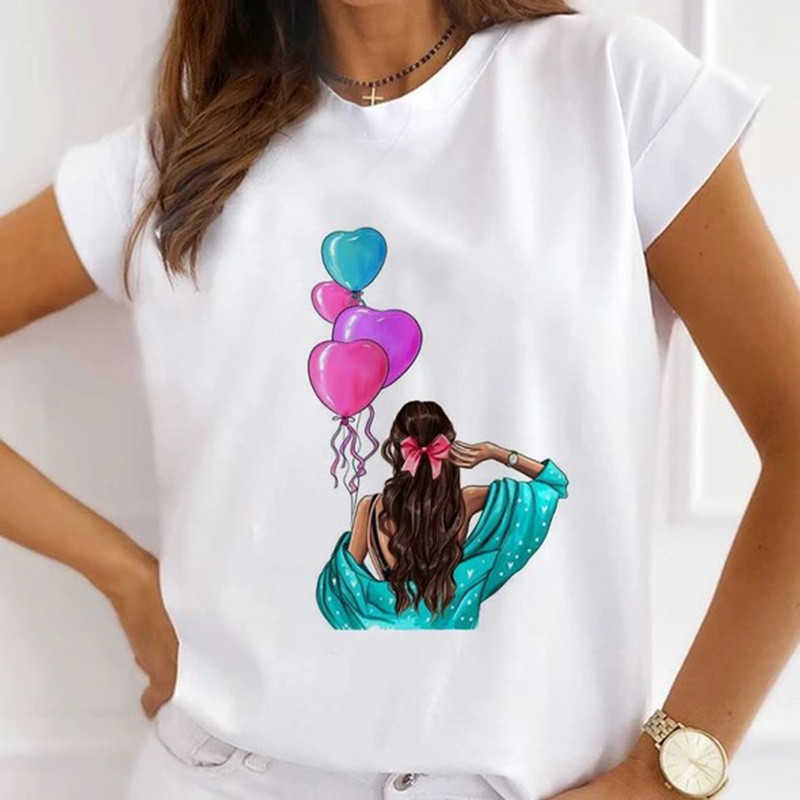 T-Shirt Moda Feminina Top Balão de Verão Iris Japonica Estampado Meninas Casual Solto Manga Curta T-shirt Fundo Branco G220612