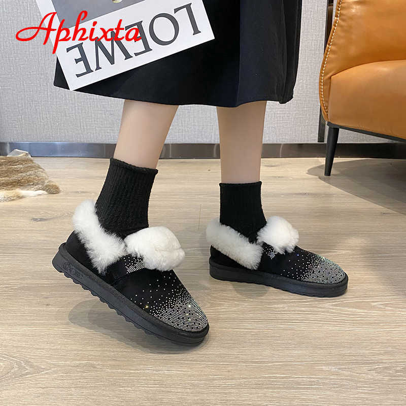 Aphixta lüks bling kristalleri kış kar kadın botları ayakkabılar peluş pelüş platform düz topuklu su geçirmez tüylü yuvarlak kafa ayakkabıları l230704