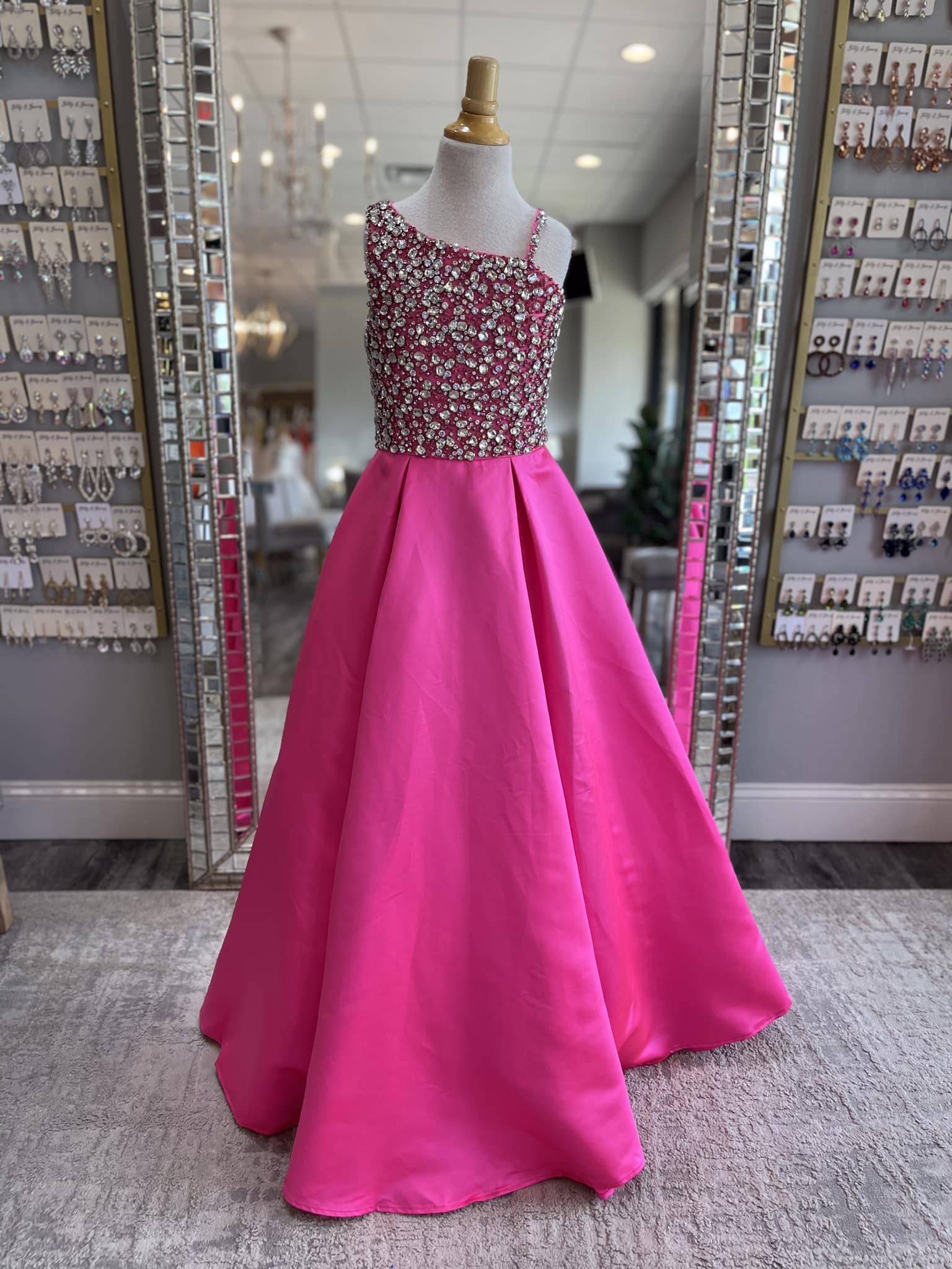 One-Shoulder Ballgown Girl Pageant Dress 2024 Crystals AB Stones Little Kid Birthday Formal Party Gown Infant Toddler Teens Tiny Young Junior Miss Blue Fuchsia Satin