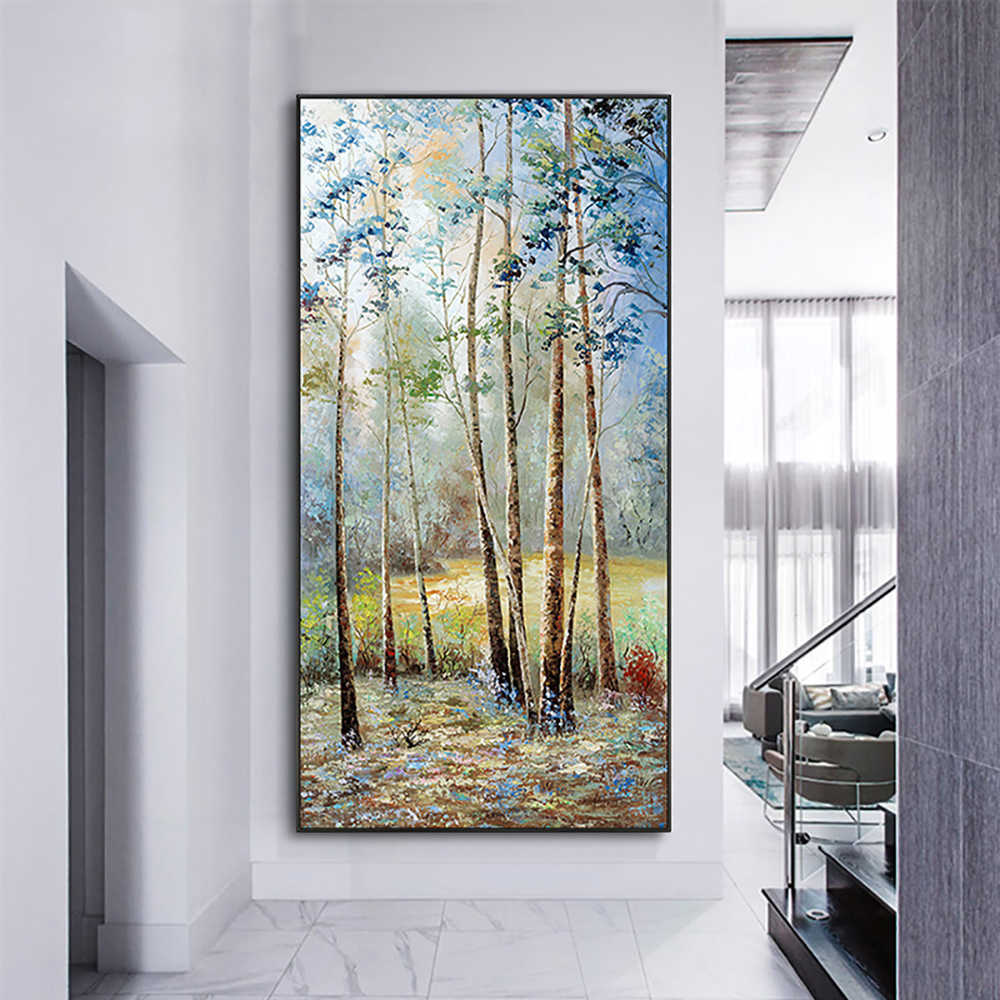 Pintura a óleo feita à mão sobre tela Birch Forest Abstract Landscape Painting Hand Painted Wall Art Pictures For Living Room Decor L230704