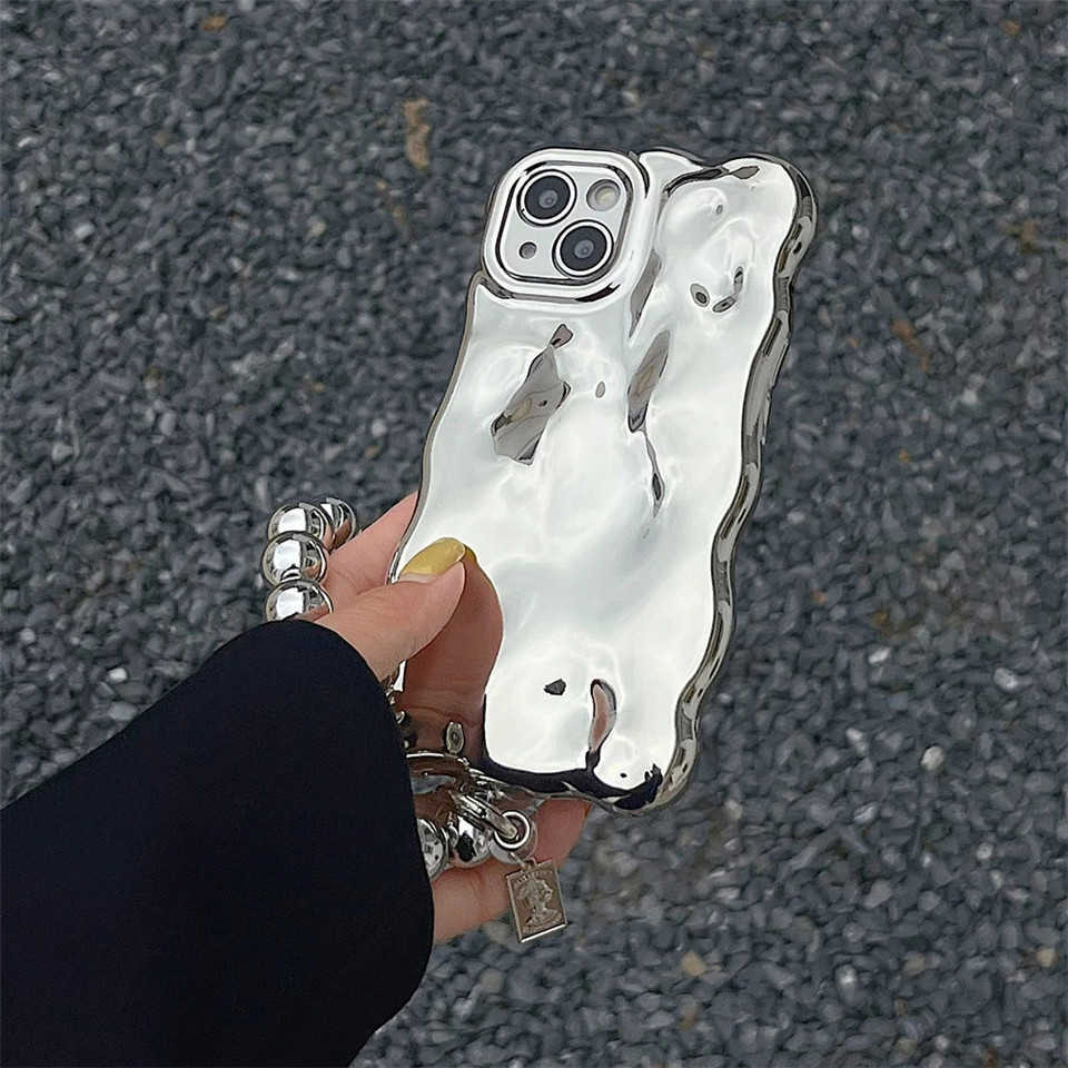 Cassa del telefono del modello di meteorite galvanizzato di lusso 3D iPhone 14 13 11 12 Pro Max copertura antiurto argento braccialetto di perline rotondo L230619