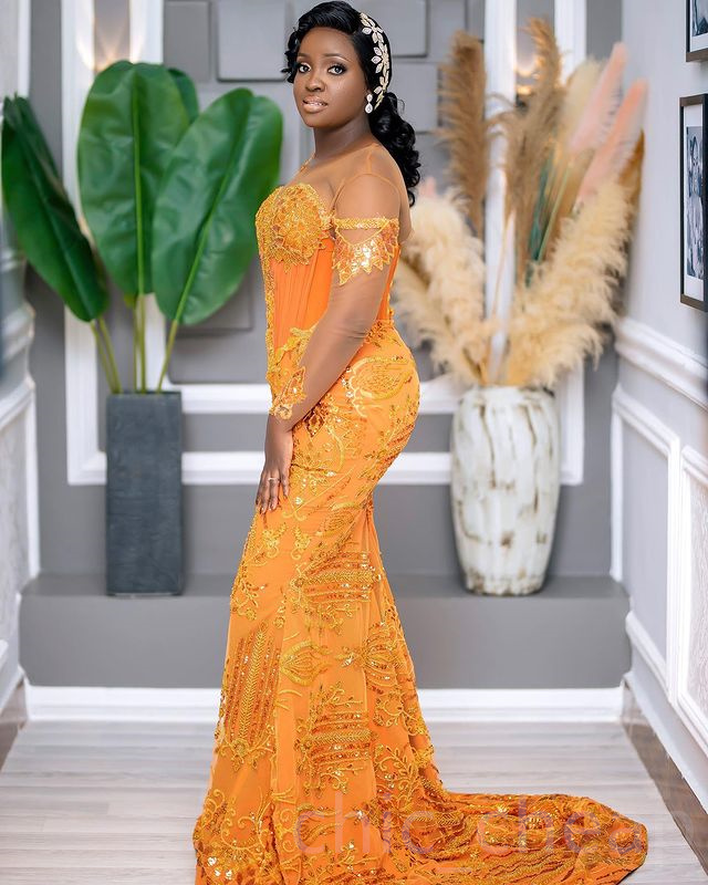 2023 Aso ebi oranje zeemeermin prom jurk lovertjes kant avond formeel feest tweede receptie verjaardag verlovingsjurken jurken jurken robe de soiree zj736