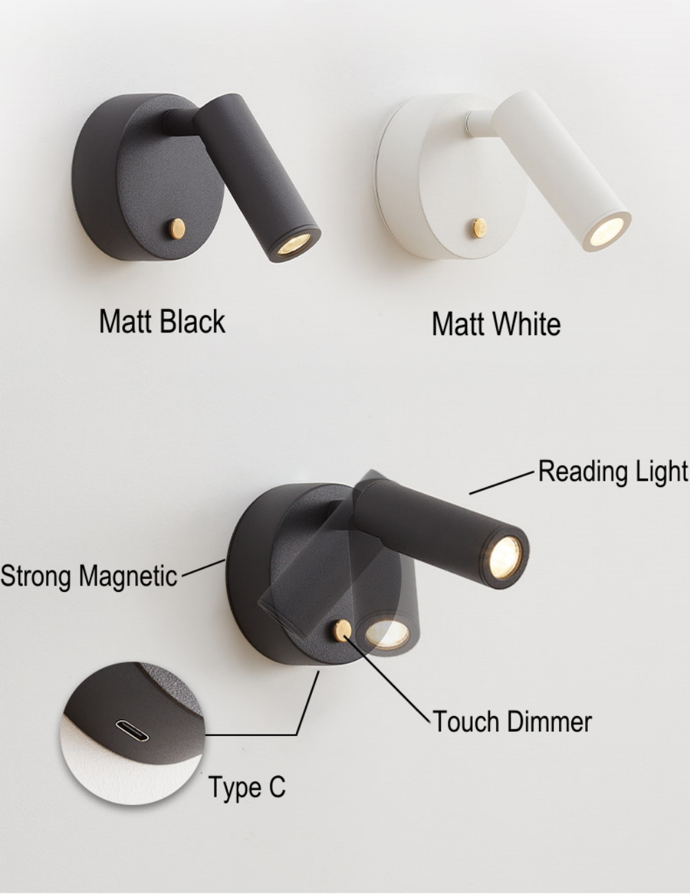 Lâmpada de parede sem fio Tokili Recarregável Tipo C Portal Touch Dimmer Switch Sem fio Arandelas LED Luz de sucção para leitura de cabeceira Luzes noturnas alimentadas por bateria