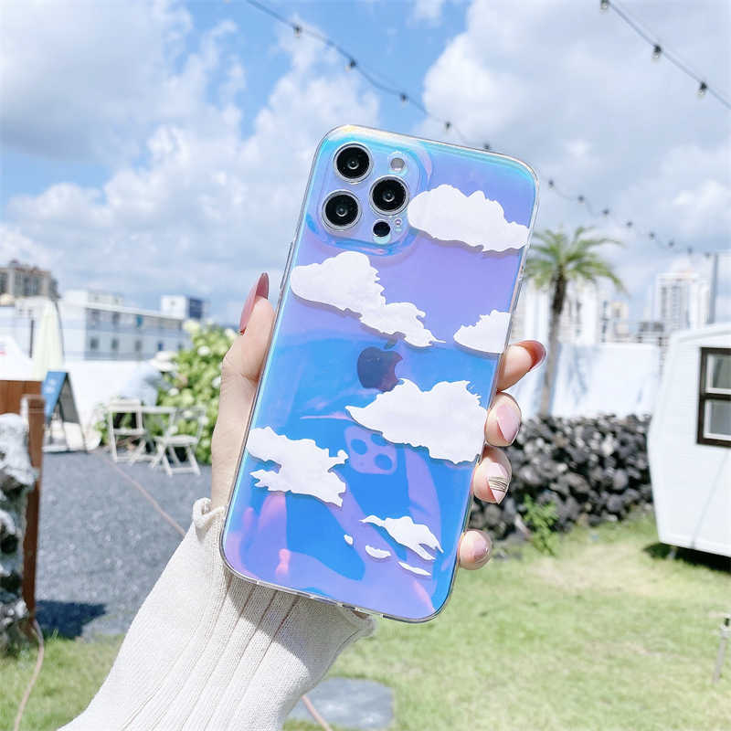 Laser Cute Transparent Cloud Pattern Telefon Fase for iPhone 14 Pro Max 13 12 Mini 11 xs XR x 7 8 Plus SE 2020 Coverproof Cover L230619