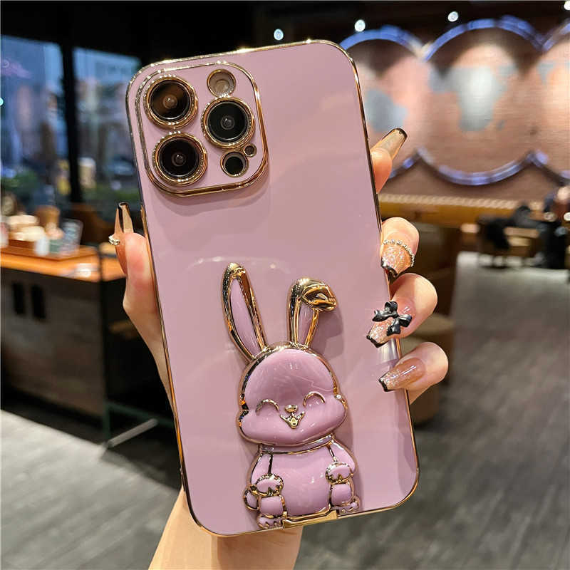 Luxury Cute Stand Rabbit Soft Phone Case för iPhone 14 13 12 11 Pro Max XS XR 7 8 Plus Mini Sock Proof Silicone Kickstand Cover L230619