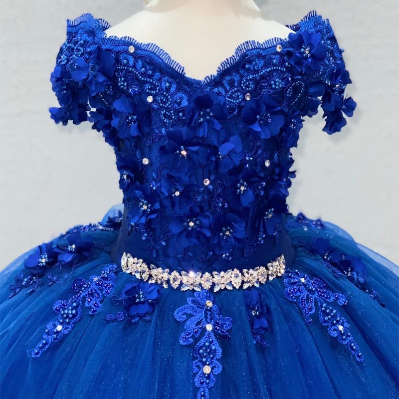 Luxury Royal Blue Shiny Flower Girls Dress For Wedding 3DFlower Appliques Crystal Ball Gowns Cute Child Dress vestidos para ninas