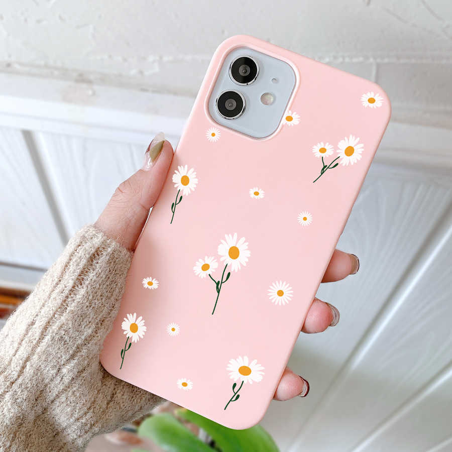 Enkel Daisy Flower Phone -fodral för iPhone 14 13 12 11 Pro Max 12 Mini 7 8 Plus XS Max X Xr Pink White Soft TPU Back Cover L230619